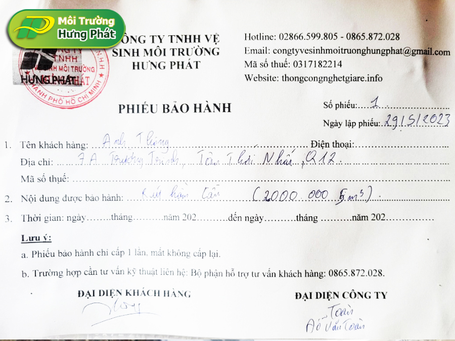 Bảo hành ưu điểm nổi bậc của dịch vụ rút hầm cầu Quận 12 Hưng Phát