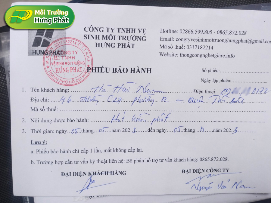 Giấy bảo h&agrave;nh của c&ocirc;ng ty r&uacute;t hầm cầu quận Thủ Đức Hưng Ph&aacute;t