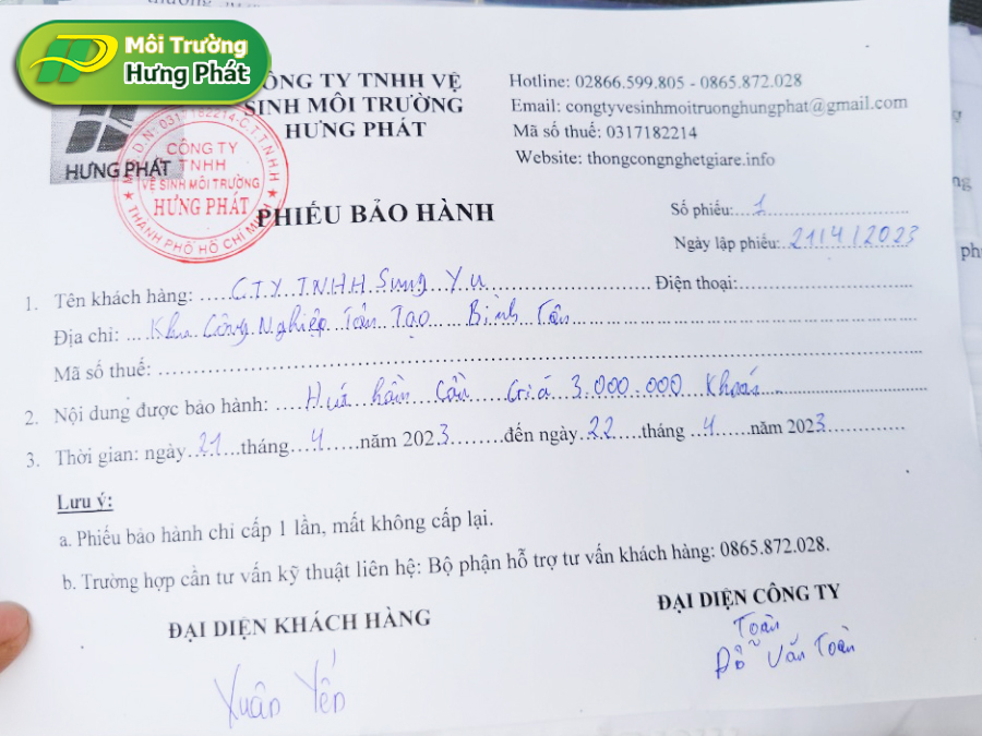 Giấy bảo hành giá rút hầm cầu huyện Hóc Môn