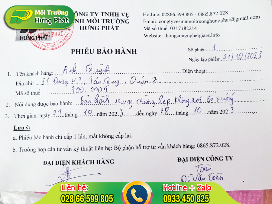 Bảo hành thông cống nghẹt Hưng Phát