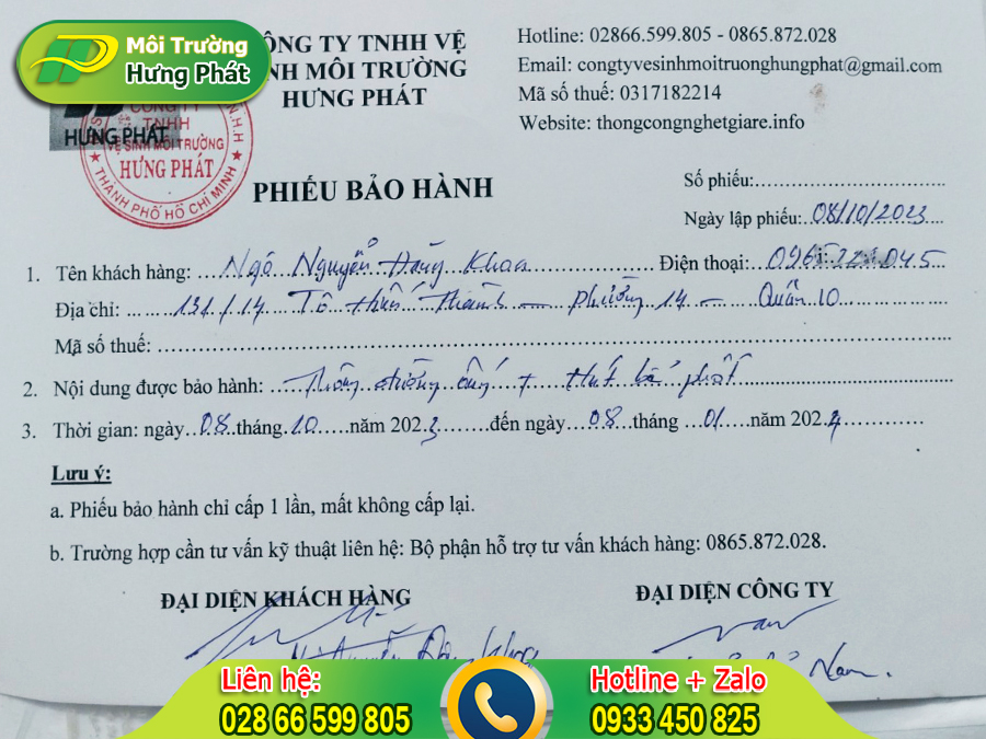 Bảo hành thông cống nghẹt Hưng Phát