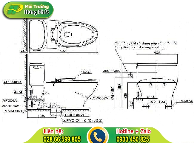 K&iacute;ch thước bồn cầu 1 khối hiệu Toto