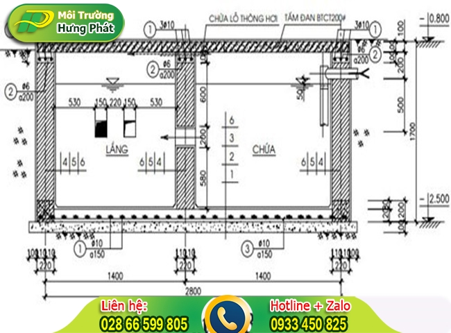 Bãn vẽ chi tiết cấu tạo của bể phốt 2 ngăn